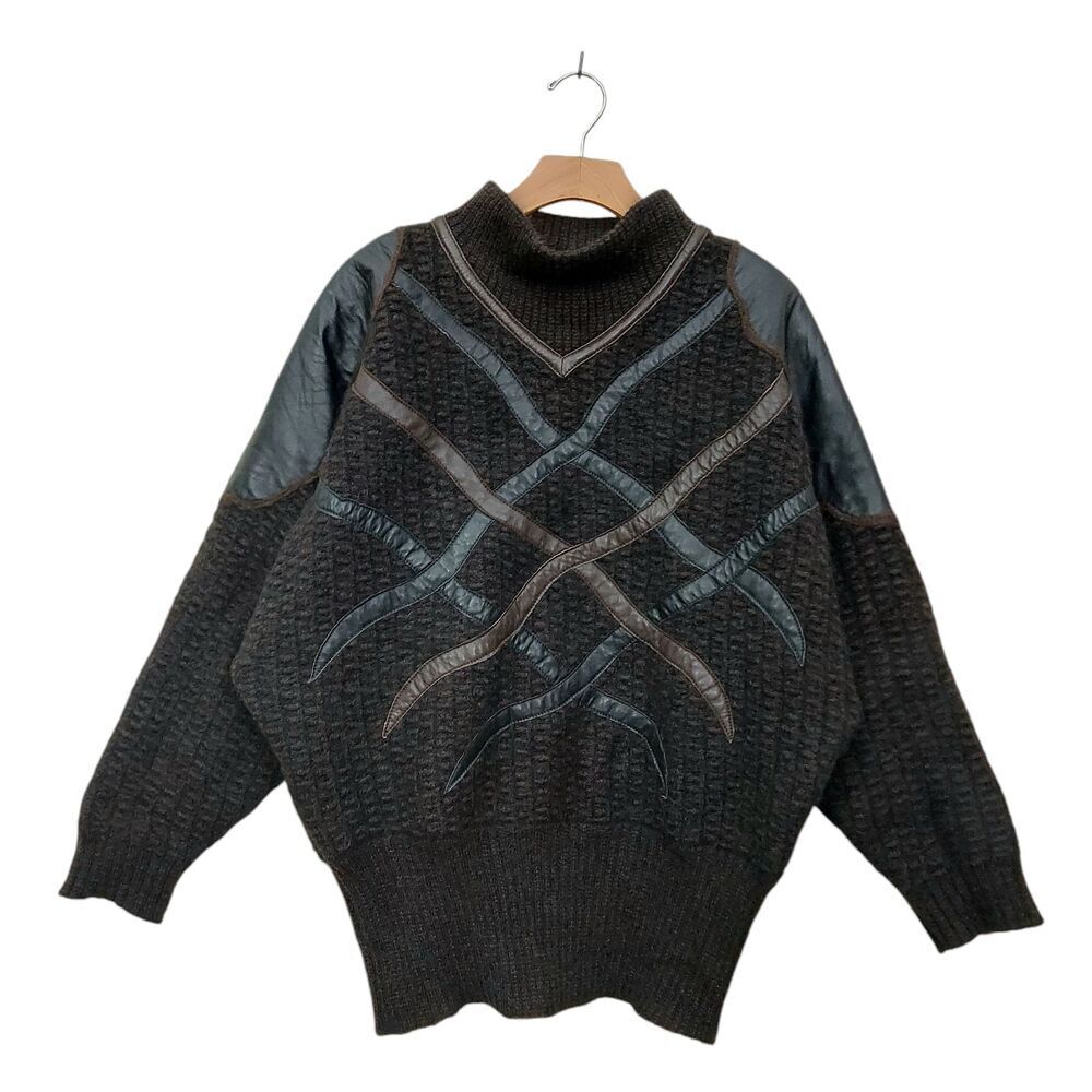 Vintage Torras Mohair Wool Leather Sweater Womens Brown M/L Dolman Sleeve Cozy